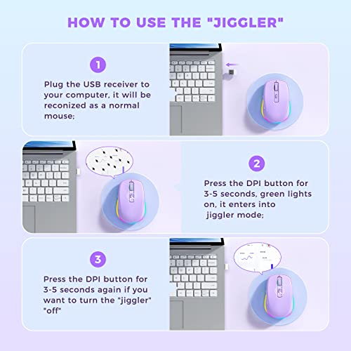 Wireless Mouse Jiggler - LED Wireless Mice with Build-in Mouse Mover, Rechargeable Moving Mouse for Laptop with Undetectable Random Movement Keeps Computers Awake - Purple- Commision Earned