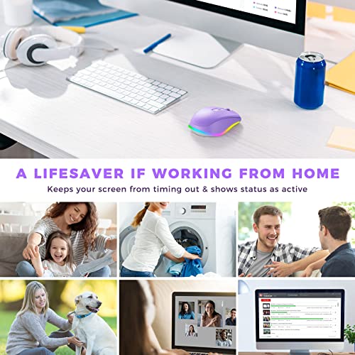 Wireless Mouse Jiggler - LED Wireless Mice with Build-in Mouse Mover, Rechargeable Moving Mouse for Laptop with Undetectable Random Movement Keeps Computers Awake - Purple- Commision Earned